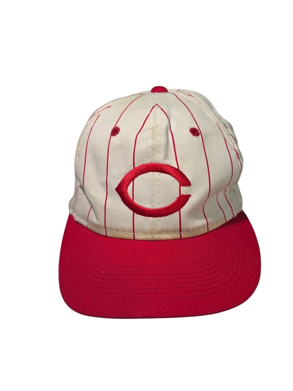 Vintage Cream and Red Pinstripe Baseball Hat with Red 'C' Embroidery